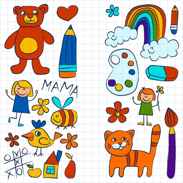 Kindergarten doodle pictures on notepad paper — Stock Vector