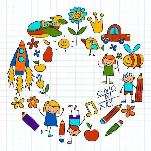 Jardín de infantes doodle imágenes en papel de bloc de notas — Vector de stock