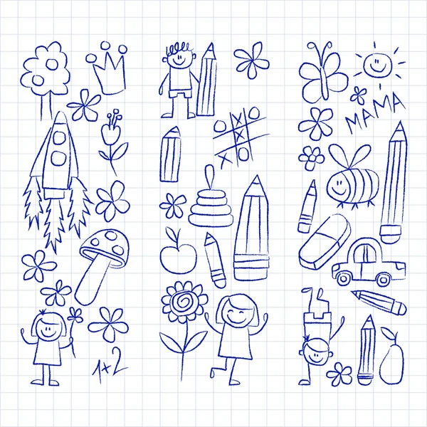 Kindergarten doodle pictures on notepad paper — Stock Vector