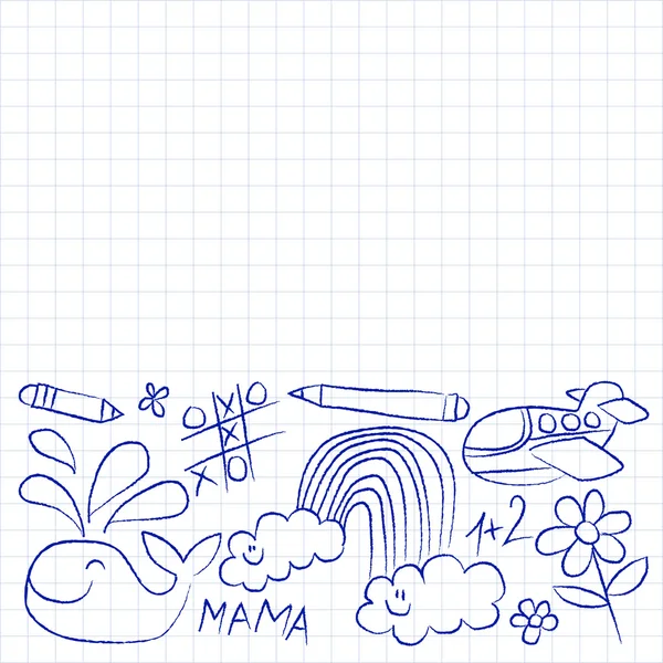 Jardín de infantes doodle imágenes en papel de bloc de notas — Vector de stock