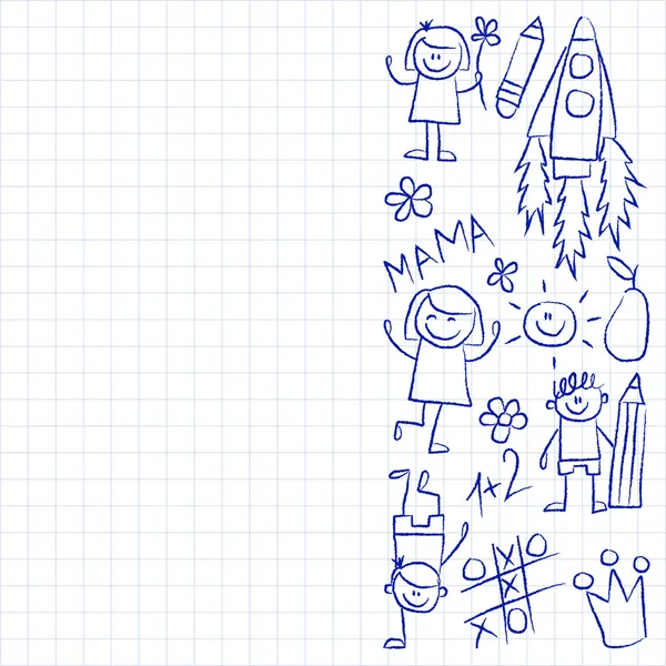 Kindergarten doodle pictures on notepad paper — Stock Vector