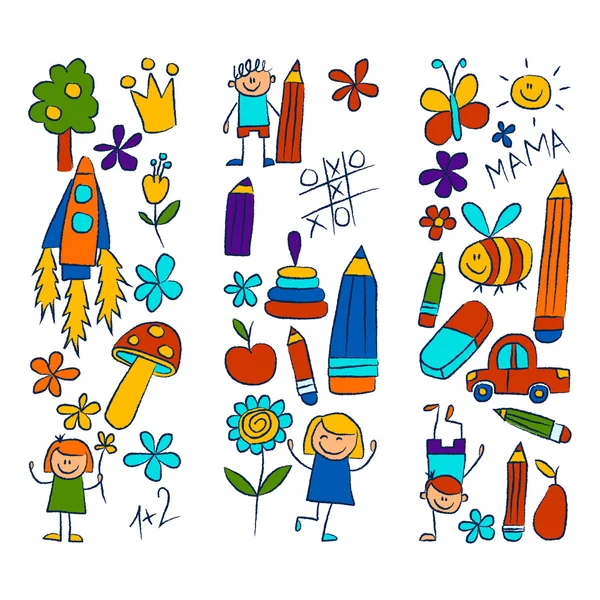 Kindergarten Doodle Bilder auf weißem Hintergrund — Stockvektor