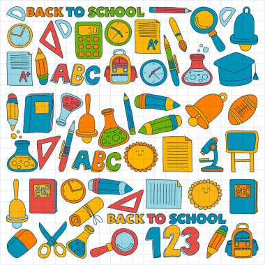 Vektör doodle okula geri eğitim simgeler kümesi