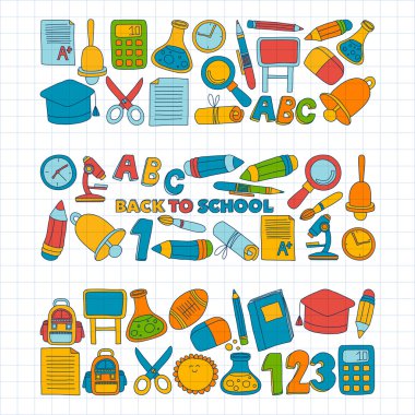 Vektör doodle okula geri eğitim simgeler kümesi