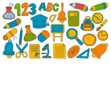 Vektör doodle okula geri eğitim simgeler kümesi