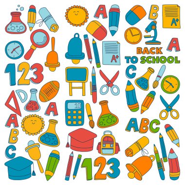 Vektör doodle okula geri eğitim simgeler kümesi