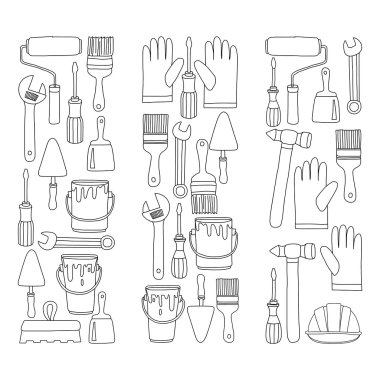 Onarım ve yenileme araçları el vektör simgeleri çizilmiş