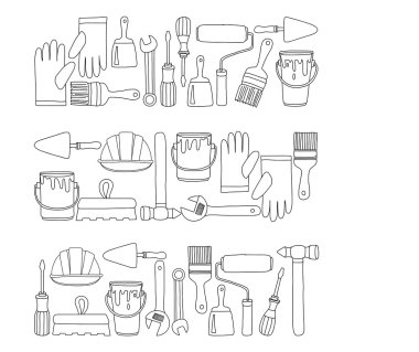 Onarım ve yenileme araçları el vektör simgeleri çizilmiş