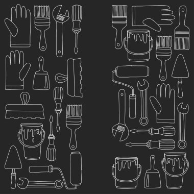 Onarım ve yenileme araçları el vektör simgeleri çizilmiş