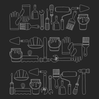 Onarım ve yenileme araçları el vektör simgeleri çizilmiş