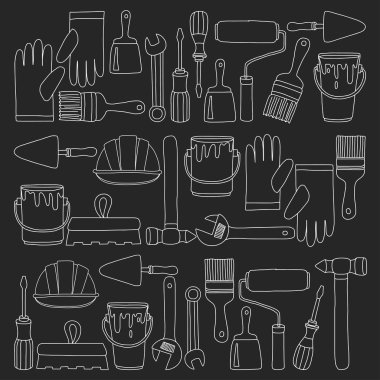 Onarım ve yenileme araçları el vektör simgeleri çizilmiş