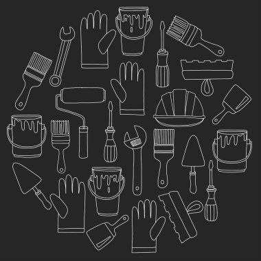 Onarım ve yenileme araçları el vektör simgeleri çizilmiş