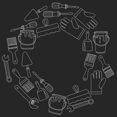 Onarım ve yenileme araçları el vektör simgeleri çizilmiş