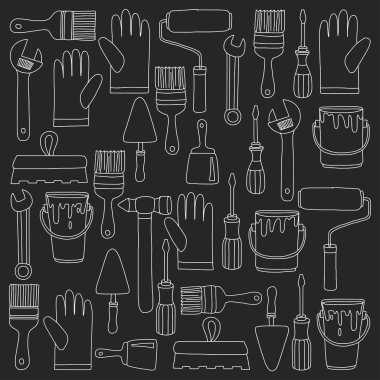 Onarım ve yenileme araçları el vektör simgeleri çizilmiş