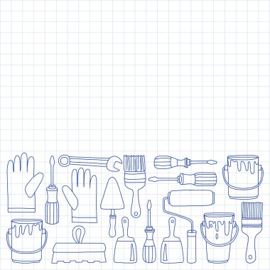 Onarım ve yenileme araçları el vektör simgeleri çizilmiş