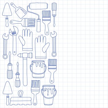 Onarım ve yenileme araçları el vektör simgeleri çizilmiş