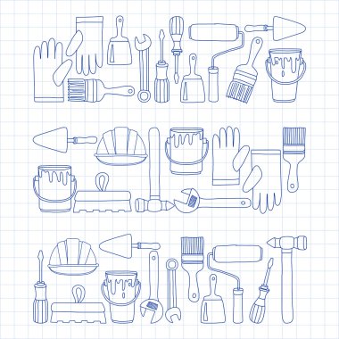 Onarım ve yenileme araçları el vektör simgeleri çizilmiş