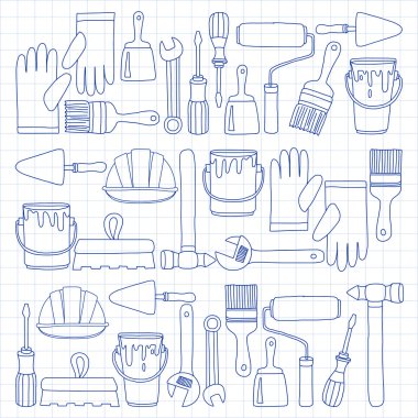 Onarım ve yenileme araçları el vektör simgeleri çizilmiş