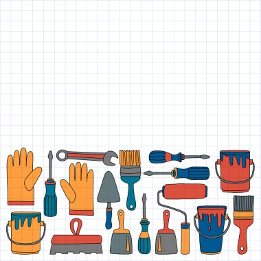 Onarım ve yenileme araçları el vektör simgeleri çizilmiş