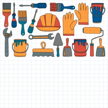 Onarım ve yenileme araçları el vektör simgeleri çizilmiş