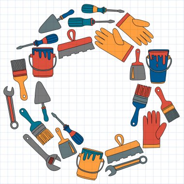 Onarım ve yenileme araçları el vektör simgeleri çizilmiş