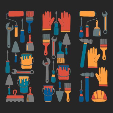 Onarım ve yenileme araçları el vektör simgeleri çizilmiş