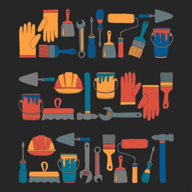 Onarım ve yenileme araçları el vektör simgeleri çizilmiş