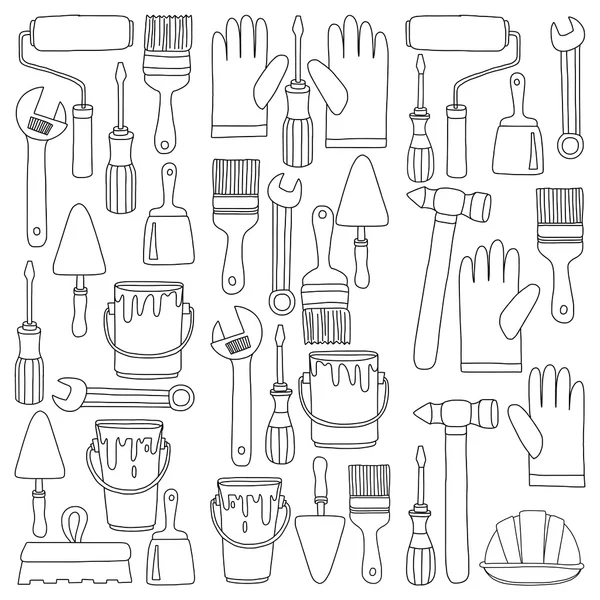 Reparatie en renovatie tools Hand getrokken vector iconen — Stockvector