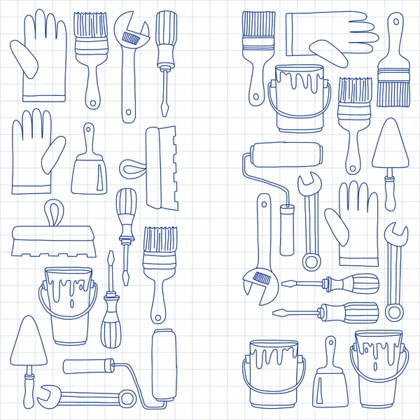 Herramientas de reparación y renovación Iconos vectoriales dibujados a mano — Vector de stock