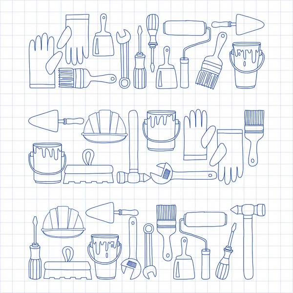 Outils de réparation et de rénovation Icônes vectorielles dessinées à la main — Image vectorielle