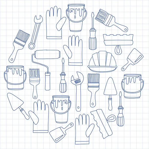 Outils de réparation et de rénovation Icônes vectorielles dessinées à la main — Image vectorielle