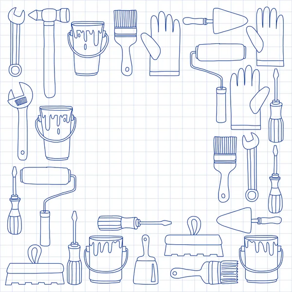 Outils de réparation et de rénovation Icônes vectorielles dessinées à la main — Image vectorielle