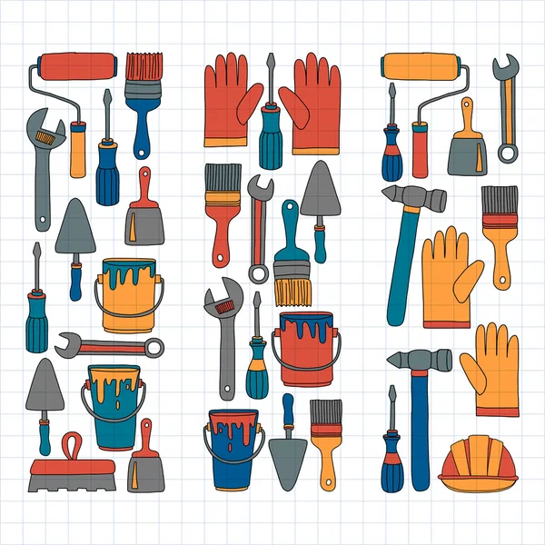 Onarım ve yenileme araçları el vektör simgeleri çizilmiş