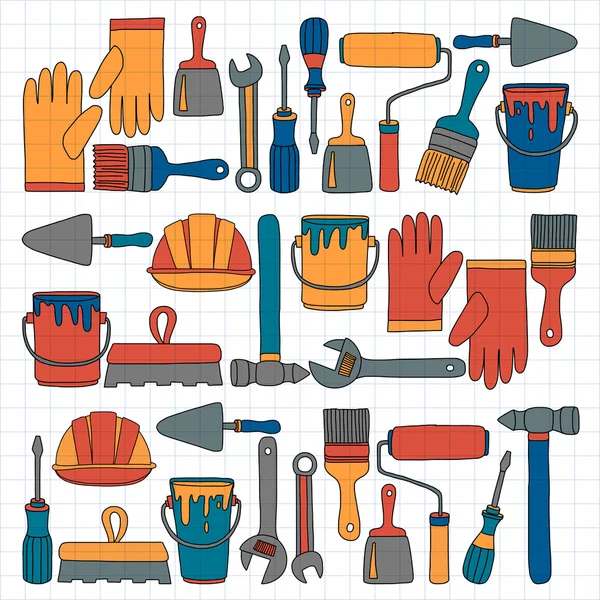 Outils de réparation et de rénovation Icônes vectorielles dessinées à la main — Image vectorielle