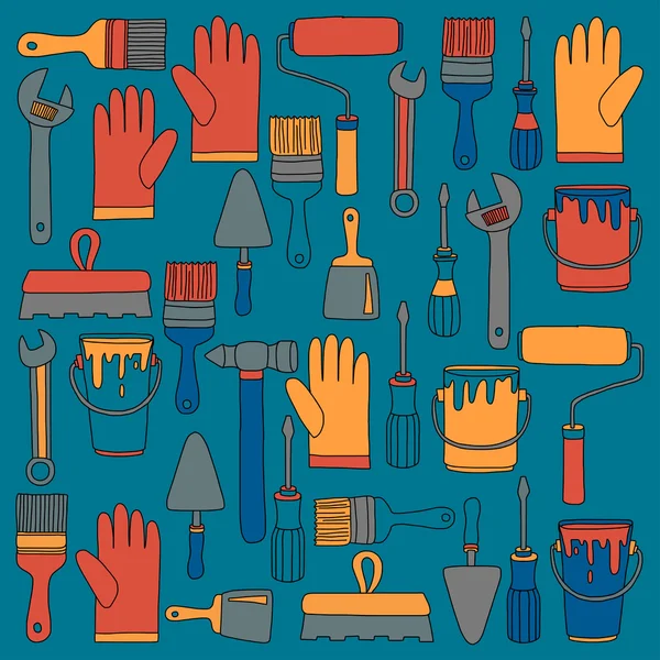 Reparatie en renovatie tools Hand getrokken vector iconen — Stockvector