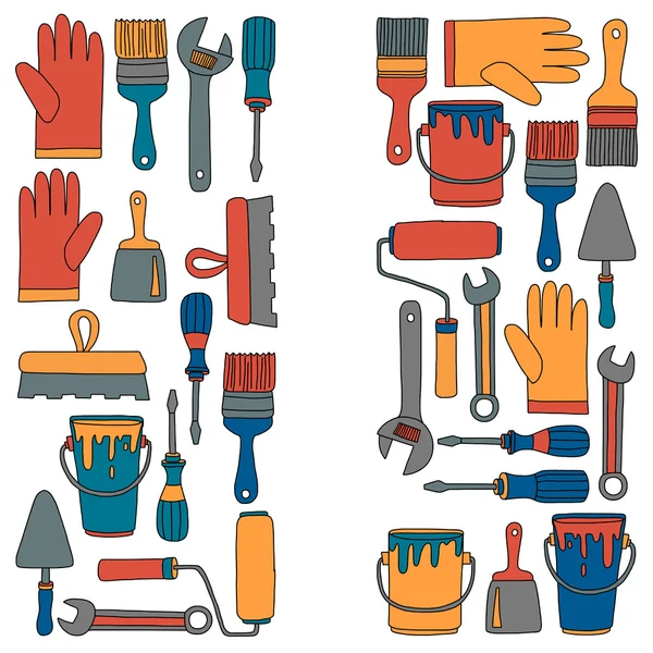 Outils de réparation et de rénovation Icônes vectorielles dessinées à la main — Image vectorielle