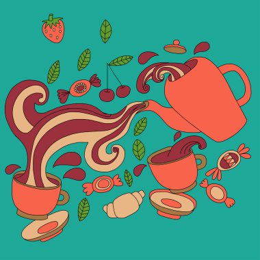 Çay, çilek ve şeker vektör doodle resmi