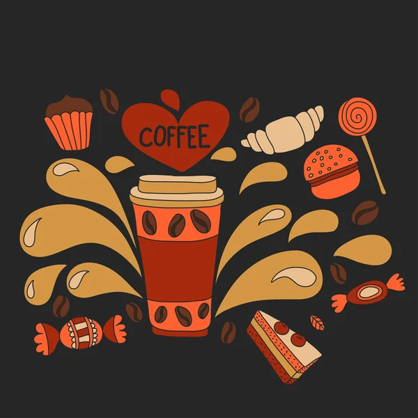 Imagem vetorial doodle de café e doces — Vetor de Stock