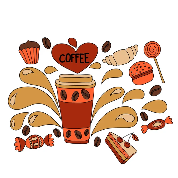 矢量涂鸦图像的咖啡和甜点 — 图库矢量图片