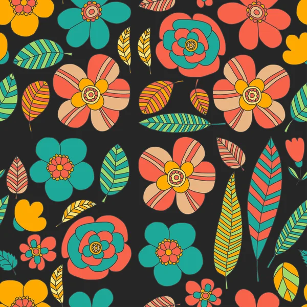 Patrón de Doodle con flores y hojas Fondo vectorial — Archivo Imágenes Vectoriales