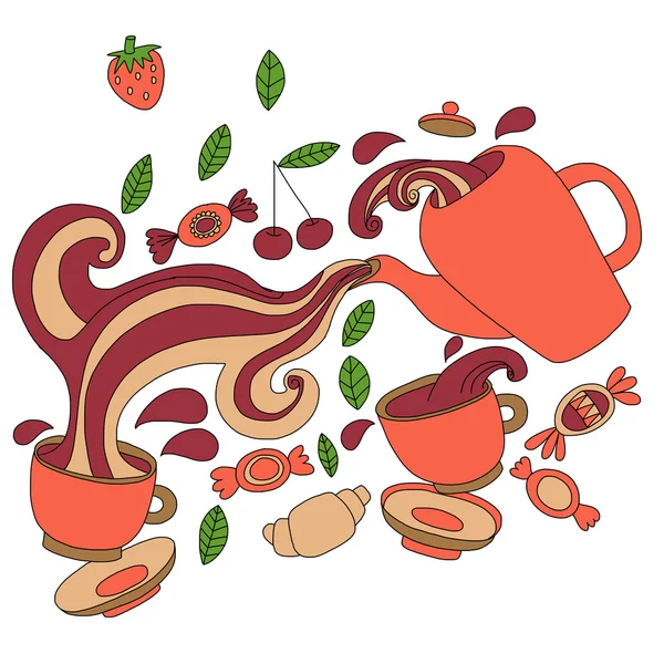 Vector doodle picture of tea, berries and candy — Stock Vector