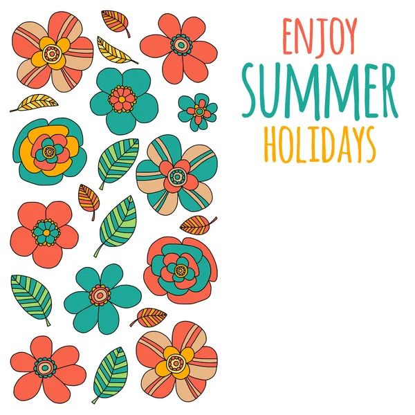 Desfrute de férias de verão citação com flores doodle — Vetor de Stock