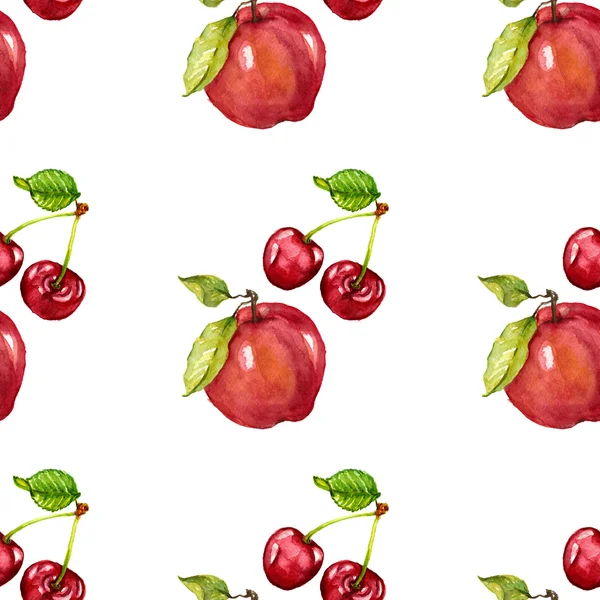 Aquarel naadloze patroon met vruchten Apple en cherry — Stockfoto