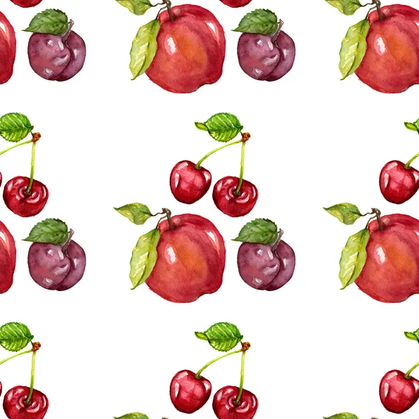 Akwarela bezszwowe wzór z apple, śliwka i wiśnia — Zdjęcie stockowe