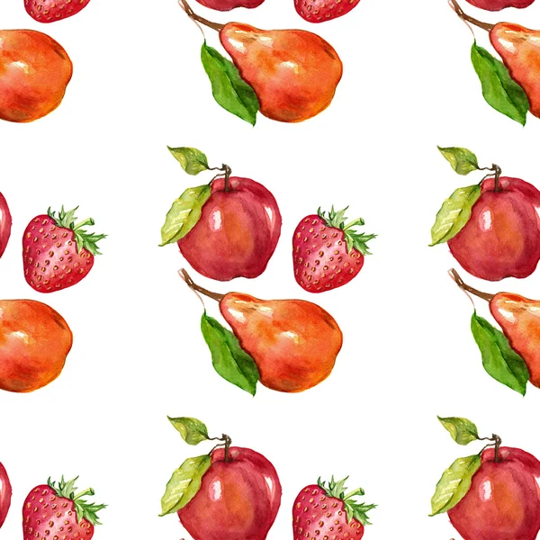 Watercolor seamless pattern with fruits Apple Pear Strawberry — Stock Photo, Image