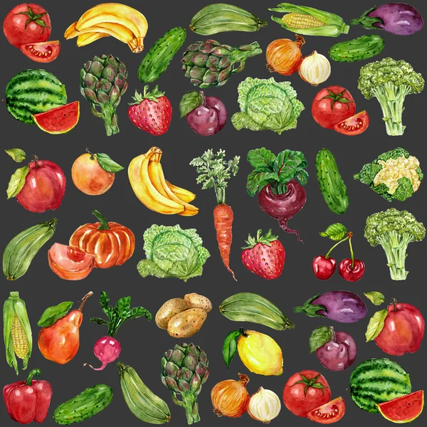 Акварельний набір з фруктами та овочами — стокове фото