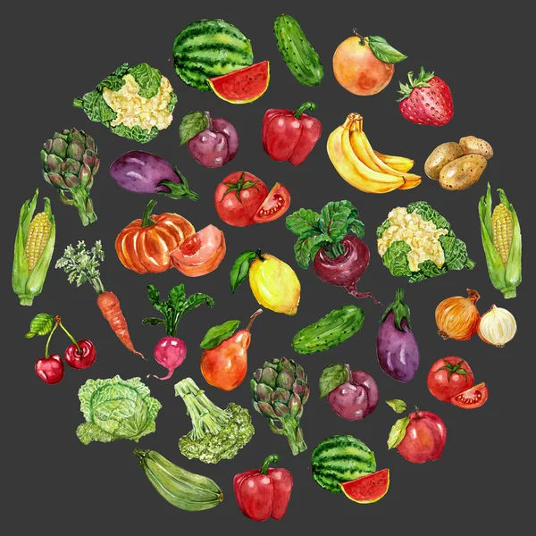 Vízfesték készlet, a gyümölcsök és zöldségek — Stock Fotó