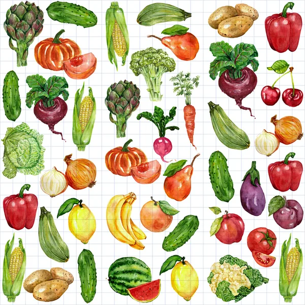 设置与水果和蔬菜的水彩 — 图库照片