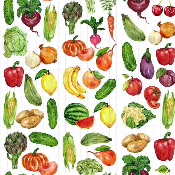 Meyve ve sebze ile ayarla suluboya — Stok fotoğraf