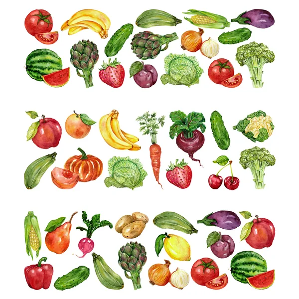 Set acquerello con frutta e verdura — Foto Stock